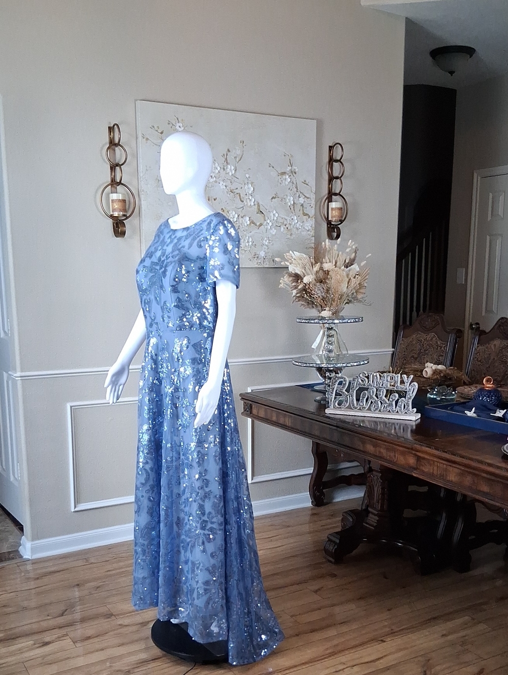 New Women's Dusty Blue Sequin Lace Evening Formal High Low Dress Size 14 - Picture 9 of 16